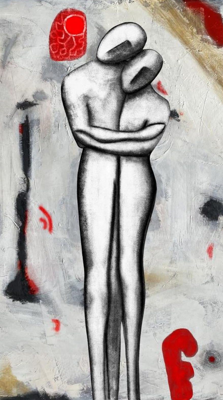 Solida Coesione, canvas print of a painting created by Annamaria Papalini: two tall faceless figures holding each other so closely they become one shape, on layered greys and whites with black marks, strokes of red and ochre. Vertical 45 × 80 cm. No text on the work.